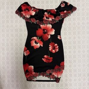 Black Red Floral Off-Shoulder Bodycon Mini Dress | Size S